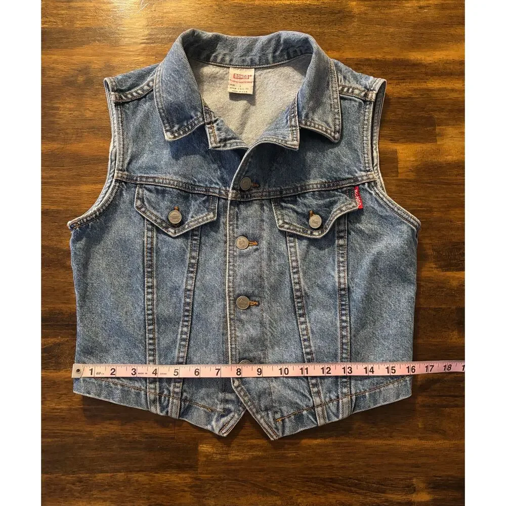 Bongo Women’s Large Denim Vest Vintage Button Front Blue Jean Crop 100% Cotton